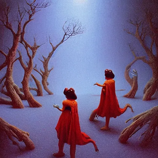 Image similar to Snow White and The Seven Dwarfs in style of Zdislaw Beksinski