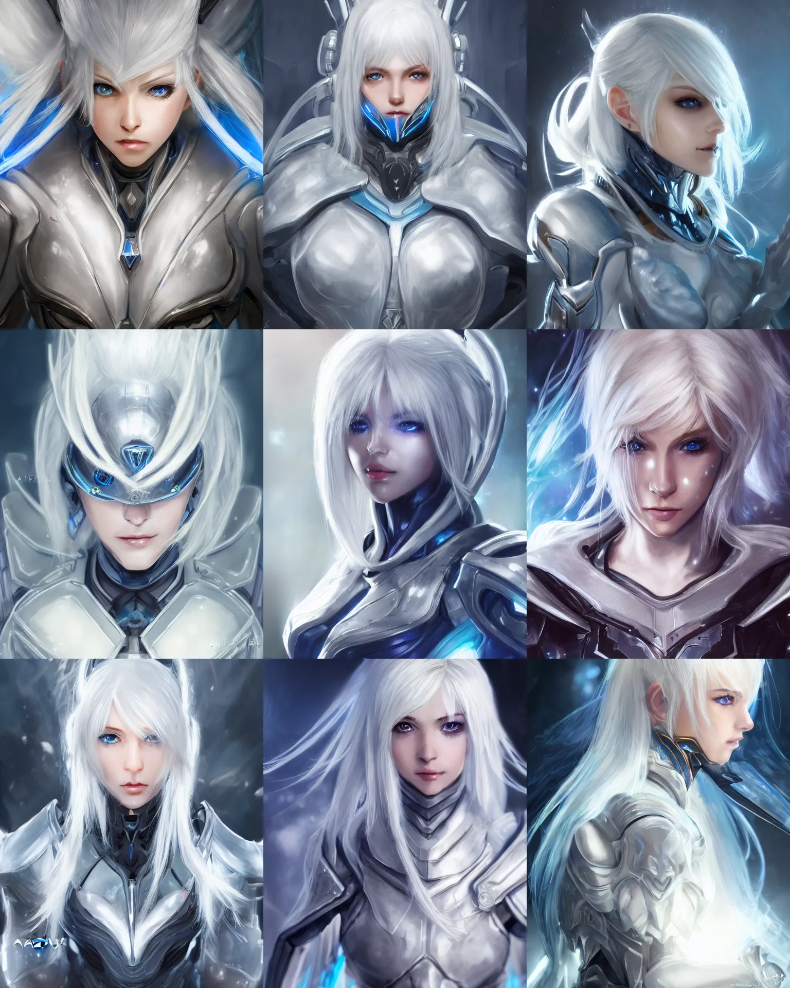 Prompt: detailed portrait of perfect white haired girl, warframe armor, beautiful, dreamy, pretty face, blue eyes, bright light, scifi, laboratory, 4 k, high definition, ultra realistic, aura of light, cinematic, extreme details, focused, masterpiece, art by akihito tsukushi