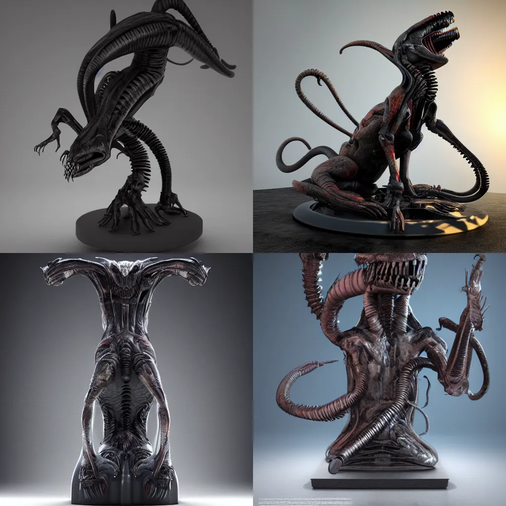 Prompt: centered photorealistic whole xenomorph Cat statue inspired by Giger, octane render, unreal engine 4k, volumetric light, fog, detailed