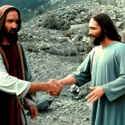 Image similar to film still of Homelander shaking jesus's hand