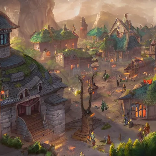 Image similar to large fantasy town filled with people, game concept art, illustration, unreal,