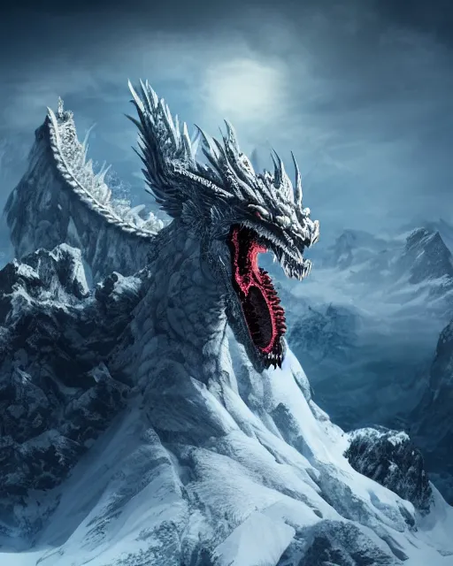 Prompt: giant snow dragon standing on a snowcapped mountain, highly detailed, 4 k, hdr, award - winning, directed by zack snyder, trending on art station, matte