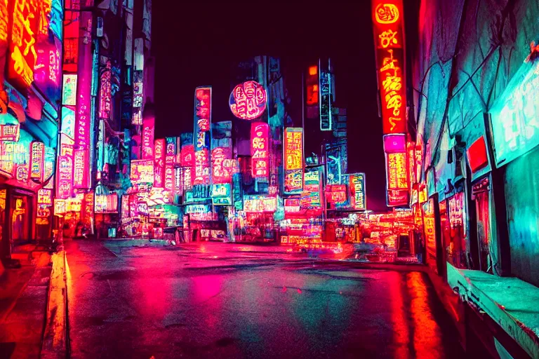 Image similar to a city street filled with lots of neon signs, cyberpunk art by liam wong, pinterest, shin hanga, anime aesthetic, streetscape, photo taken with ektachrome