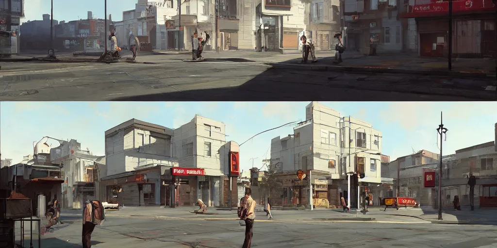 Image similar to empty residential building with owned by bank sign and homeless people outside on a street in a cardboard box on a curb in a modern big city by Craig Mullins, ilya kuvshinov, krenz cushart, artgerm trending on artstation by Edward Hopper and Dan Mumford and WLOP and Rutkovsky, Unreal Engine 5, Lumen, Nanite