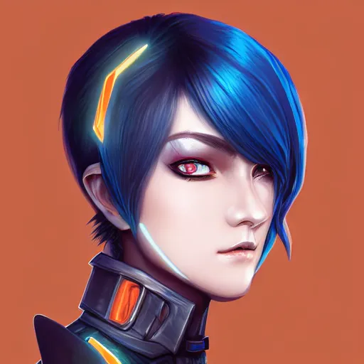 Prompt: illustrated realistic tilted head portrait human female prong-horned with blue bob hair and solid black-eyes black sclera wearing strap leather armor, orange glow, backlit by rossdraws