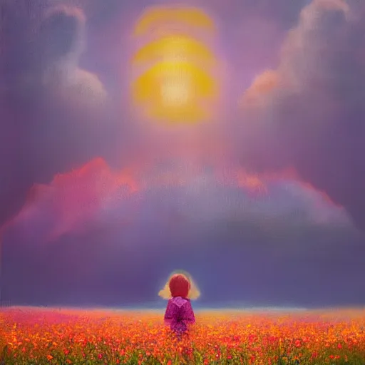 Prompt: girl with a flower face, surreal portrait photography, dreamlike, standing in flower field, in a valley, sunrise dramatic light, impressionist painting, colorful clouds, artstation, simon stalenhag