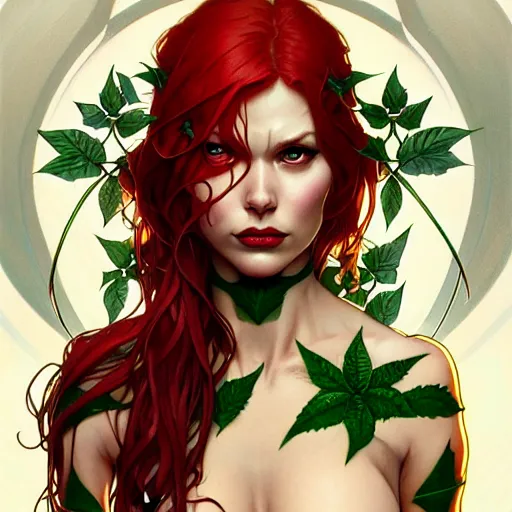 Image similar to symmetry!! wow fanart of poison ivy, intricate, elegant, highly detailed, my rendition, digital painting, artstation, concept art, smooth, sharp focus, illustration, art by artgerm and greg rutkowski and alphonse mucha