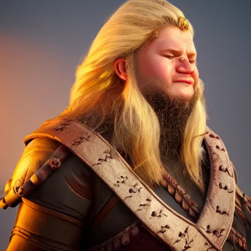 Image similar to a handsome corpulent viking girl with blond hair, clash royal style characters, unreal engine 5, octane render, detailed, cinematografic, cinema 4 d