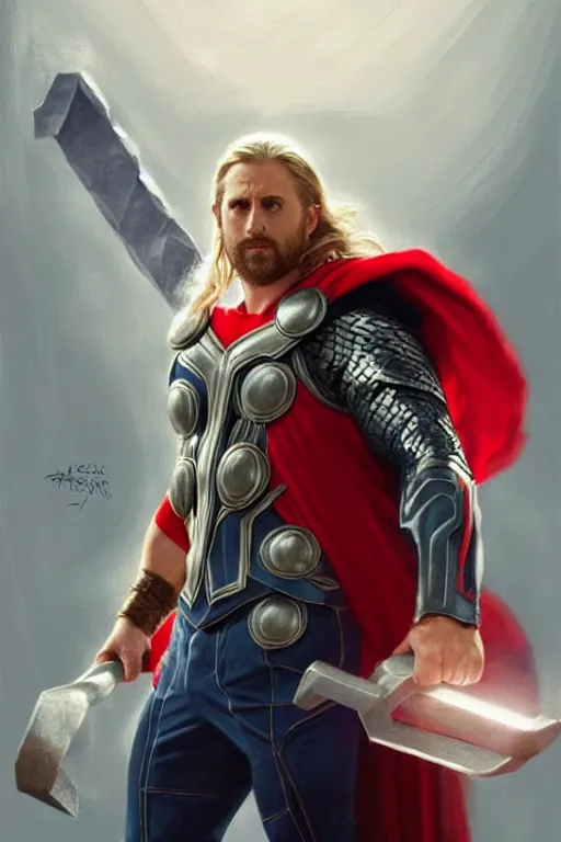 Image similar to Michael Scott as Thor, Thor costume, Michael Scott hairstyle, Thor body type, Michael Scott Face, calm, grumpy, portrait, masculine figure, highly detailed, digital painting, artstation, concept art, smooth, sharp focus, illustration, cinematic lighting, art by artgerm and greg rutkowski and alphonse mucha