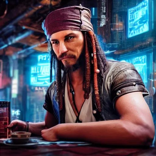 Image similar to high quality portrait of a pirate with four arms in a cyberpunk cyberpunk cyberpunk cafe, realism, 8k, award winning photo