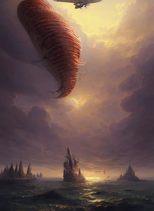 Prompt: portrait painting of a handsome rugged long hair crimson hair male pirate, soft hair steampunk ornate zeppelin blimp airship in the background sky sunset golden hour art by raphael lacoste and stephan martiniere greg rutkowski gaston bussiere fantasy soft hair trending on artstation deviantart book cover art concept art key art dramatic volumetric lighting, 4 k, award winning