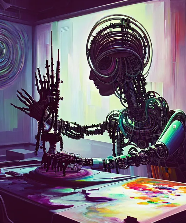 Image similar to photo of futuristic holy futuristic cyborg - robot - painter - artist creating a painting with acrylic paint and brushes in a futuristic artist studio by h. r giger, by, rich deep colors. masterpiece, intricate artwork by tooth wu and wlop and beeple, gaspar noe, james cameron,