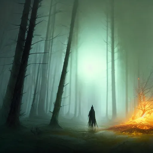 Prompt: cinematic shot, dark hooded mage ( spectre ) using his magic ultimate in the dead forest with leaves falling, symmetrical, 8 k, atmospheric, realistic, made by ivan aivazovsky, peter mohrbacher, greg rutkowski, volumetric light, broad light, fantasy art, sci - fi art, details visible, unreal engine, octane render