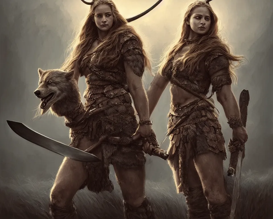 Prompt: gorgeous!! hyper - realistic woman resembling alicia vikander as a battle - worn viking warrior wielding a giant axe, accompanied by a dire wolf | intricate, highly detailed, digital painting, character design, character concept art | drawn by wlop, drawn by jeehyung lee, drawn by artgerm, drawn by peter kemp