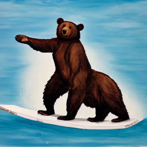 Image similar to hyperrealist bear surfing