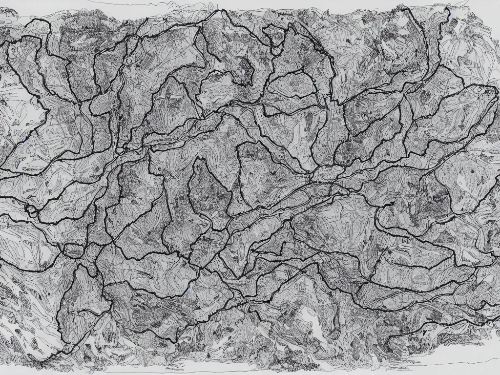 Prompt: Map of a cave system by Deven Rue, fine point pen