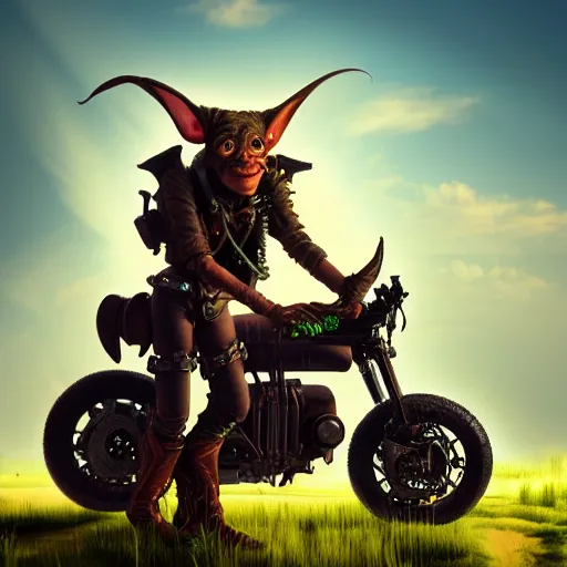 Image similar to a goblin wearing high riding boots riding a steampunk motorcycle on a dirt road in a meadow in mid day, volumetric light, soft ligthing, soft shadows, hyperdetailed, artstation, cgsociety, 8k