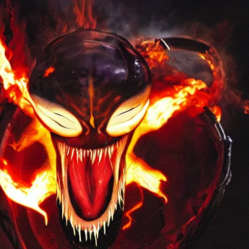Image similar to A photograph of Venom slam dunking with flames coming from the basket