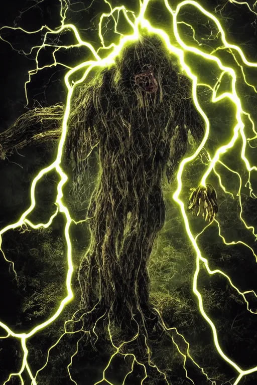 Prompt: high resolution photo of a humanlike creature bundled in electronic wires, overgrown, sparks, electricity, sun beams, rocks, devices, slime, tree roots, veins, lightning, big muscles, sweat, slime, troll, grown together, god rays, dark, skin, plastic wrap,