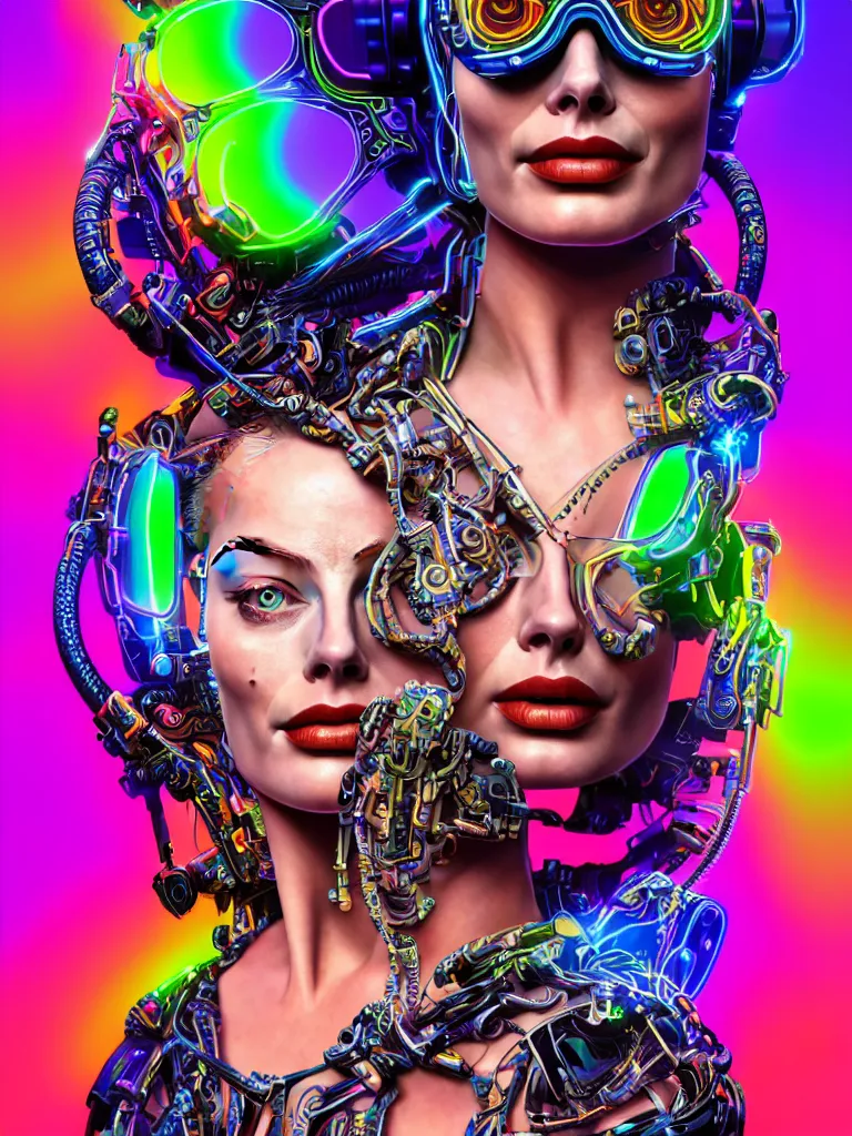 Prompt: Portrait of Margot Robbie wearing epic bionic cyborg implants of different vibrant colors, using cyber VR glasses with neon display, detailed intricate ornate cables connected to head, portrait front face reference, by Dan Mumford and Naoto Hattori, extremely beautiful and proportionate face, in the aesthetic of mert and marcus, masterpiece, intricate, highly detailed, digital painting, Matrix Theme, artstation, concept art, crepuscular rays, smooth, sharp focus, illustration, background made from fractals of vibrant universe stars, cyberpunk colors, volumetric lighting, art by artgerm and james jean and Nick Sullo