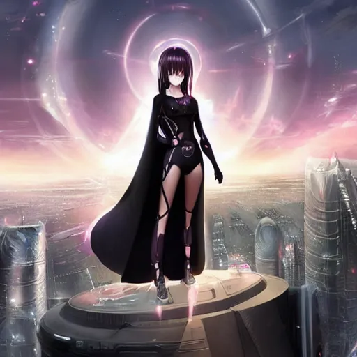Prompt: portrait of a female anime hero looking over a futuristic city, wearing big black circle glasses, a flowing black cape and diamond armor, art by artgerm, fantasy art