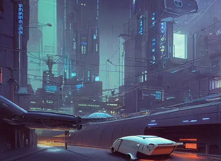 Image similar to a car driving down a street next to building the night, cyberpunk art by Chesley Bonestell, cgsociety, retrofuturism, matte painting, reimagined by industrial light and magic