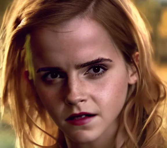 Prompt: color still shot of emma watson as buffy the vampire slayer, face closeup,