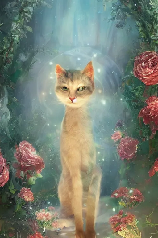 Prompt: An extremely beautiful elokitty, cat. digital art high fantasy illustration, Trending on DeviantArt, Artgerm, volumetric lighting, dreamscape maximized, vibrant mood, rose tones, concept art, smooth, ethereal, rainbow bubbles, Aetherpunk, extremely detailed masterpiece, winning award piece, regal, Exquisite detail, post-processing, Unreal Engine, 8k, HD, trending on artstation flawless