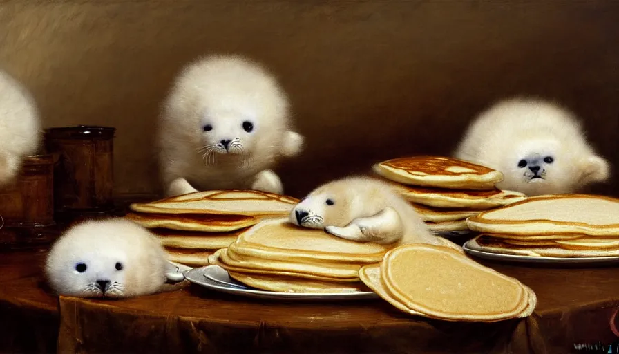 Image similar to highly detailed painting of cute furry white baby seals in a large pile of many pancakes on a table by william turner, by greg rutkowski, by william constable, thick brush strokes and visible paint layers, 4 k resolution