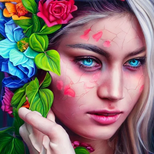 Prompt: super realistic painting of a human combined with flowers, colorful, highly detailed, 4k, trending on artstation