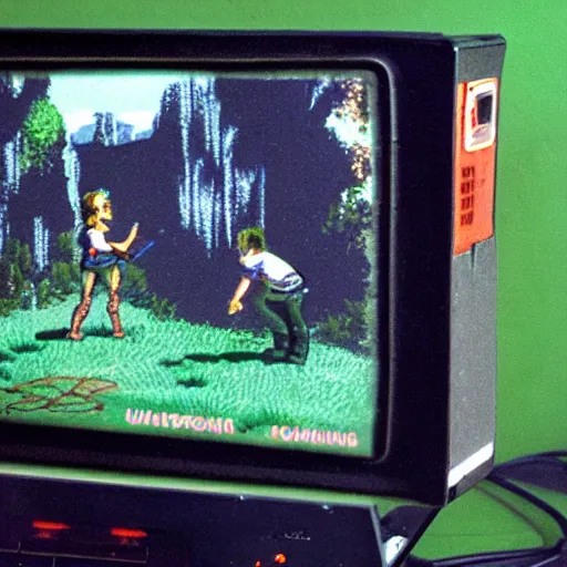 Image similar to playing a computer game on an old black and green screen monitor in 1 9 8 5, ultima 4 adventure game