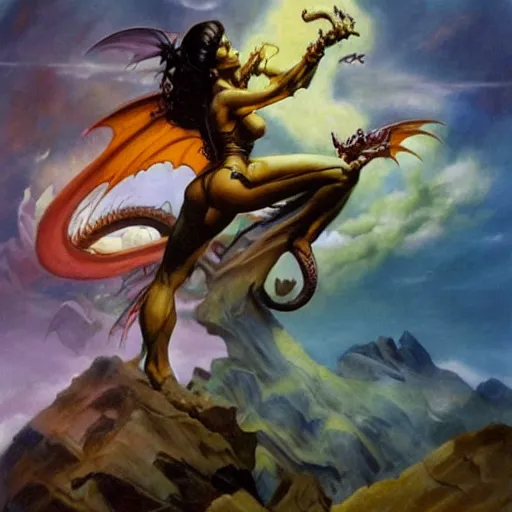 Prompt: woman transforming into a dragon, frank frazetta, boris vallejo, julie bell, fantasy painting, 8 k, hdr, perfect composition, striking color, beautiful artwork