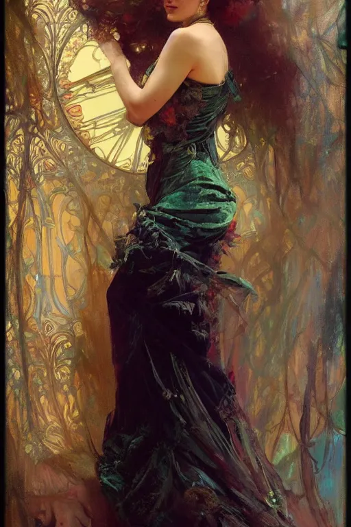 Prompt: an intricate artistic pose painting of a beautiful young victorian lady with an artistic pose wearing a beautiful velvet dress, hyper detailed, octane render, vivid colors, artstation, by jeremy mann, alphonse mucha, by boris vallejo