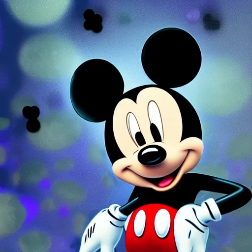 Image similar to counterfeit mickey mouse, fractal, broken, wet, melting, fractured, mycelium, cubensis, radiant alien, rococo, baroque, automotive, bio-mechanical, porcelain, iridescent, sub surface scattering, unreal engine, octane render