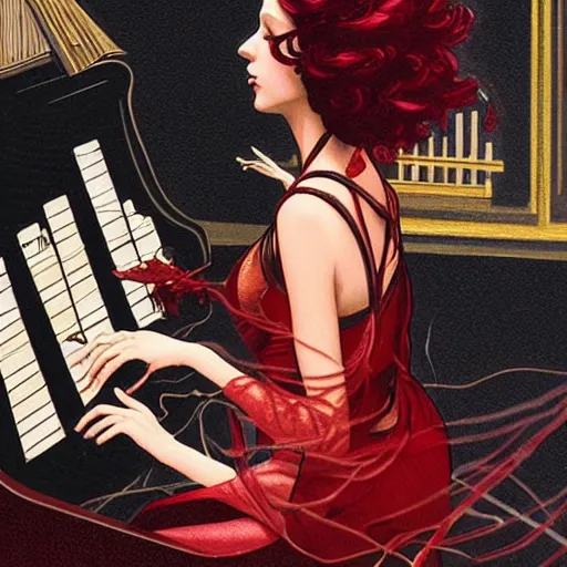 Image similar to a beautiful tarot card of a piano player with black and red hair singing in a jazz club, female, space fantasy, in the style of magic the gathering, intricate, elegant, highly detailed, digital painting, artstation, concept art, matte, sharp focus, illustration, art by greg rutkowski and alphonse mucha