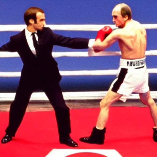 Image similar to Emmanuel Macron boxing Vladimir Putin in American Psycho (1999)