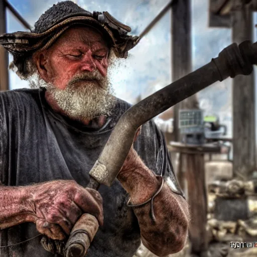 Image similar to a old grumpy blacksmith hammering away on burned metal, realistic, hdr, clear image, hdd, medival,