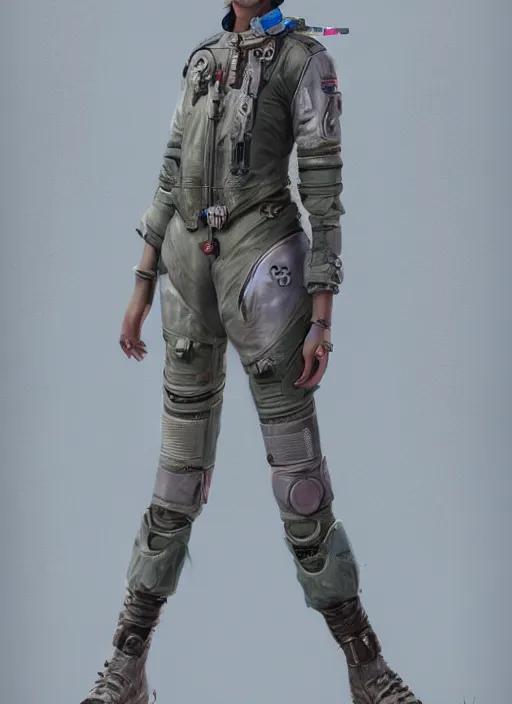 Prompt: detailed full body concept art illustration pastel painting of a female pilot in intricate clothing, digital art, octane render, 4k, dystopian world