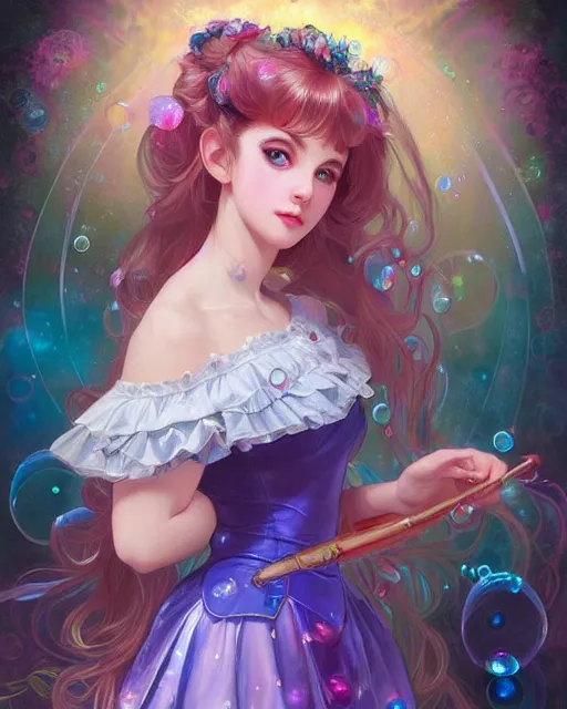 Image similar to portrait of magical lolita girl, dreamy and ethereal, expressive pose, big blue eyes, exciting expression, fantasy, intricate, elegant, many rainbow bubbles, rose tones, highly detailed, digital painting, artstation, concept art, cyberpunk wearing, smooth, sharp focus, illustration, art by artgerm and greg rutkowskiand alphonse mucha