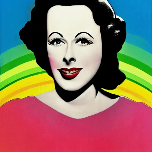 Image similar to rainbow smiling happy hedy lamarr. pop art.