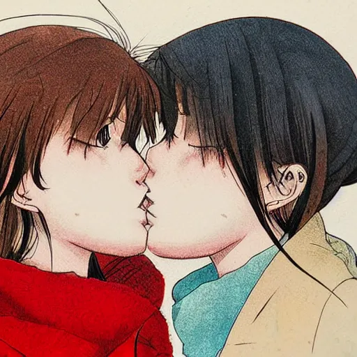 Image similar to portrait of two girls kissing, detailed manga art