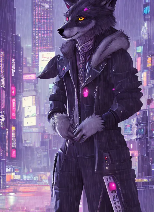 Prompt: character portrait of a male anthro wolf fursona with a tail and a cute beautiful attractive detailed furry face wearing stylish cyberpunk clothes in a cyberpunk city at night while it rains. hidari, color page, tankoban, 4K, tone mapping, Akihiko Yoshida.