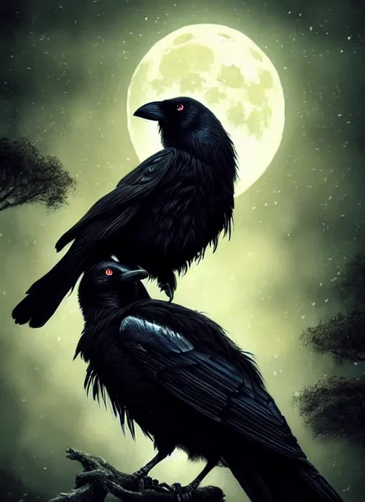 Image similar to side portrait dark crow on tree in front of the full big moon, fine art, awesome fantasy book cover on Pinterest, award winning, fantasy forest landscape, fantasy magic, dark golden light night, intricate, elegant, sharp focus, illustration, highly detailed, digital painting, concept art, matte, art by WLOP and Artgerm and Greg Rutkowski, masterpiece, trending on artstation