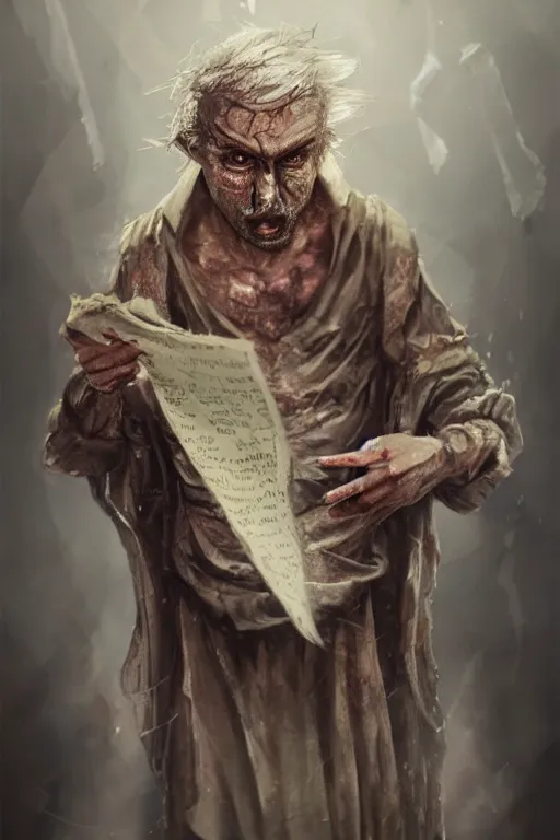 Image similar to A deranged tiny filthy man wearing long dark damaged ripped robes showing a magic paper scroll, camera looking down upon, long fingernails, unclipped fingernails, sharp fingernails, focus on face, sharp focus, digital painting, trending on artstation, concept art, fantasy, medieval