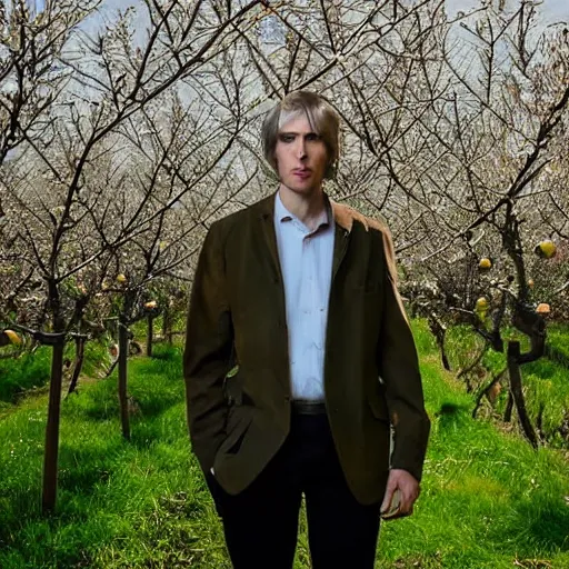 Prompt: portrait of a tall elven man, standing in an apple orchard, dressed well, very handsome