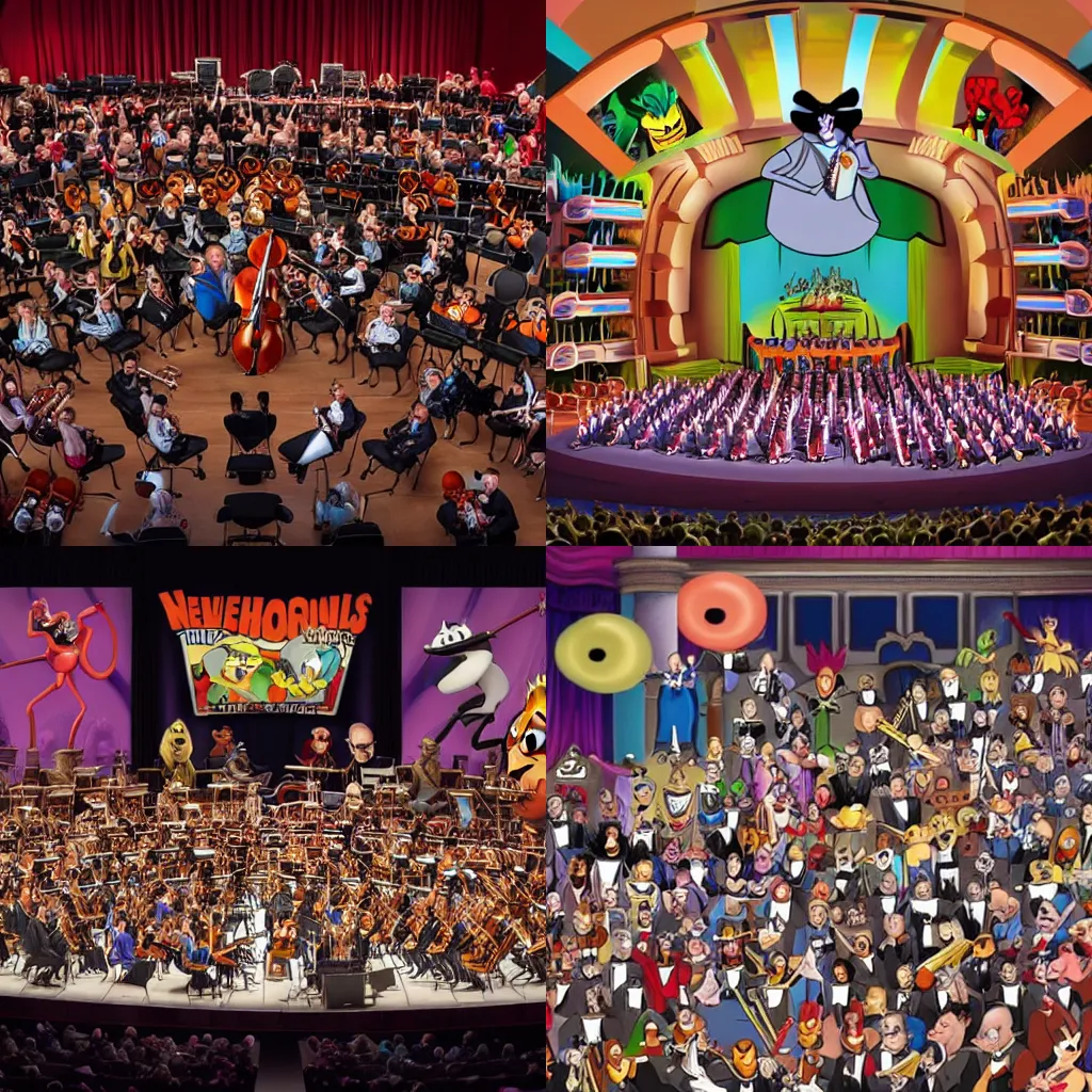 Prompt: an orchestra of various Looney Tunes characters playing a concert in a large concert hall. In the audience is a crowd of Marvel villains is sitting in the audience. realistic, photorealistic, 4k