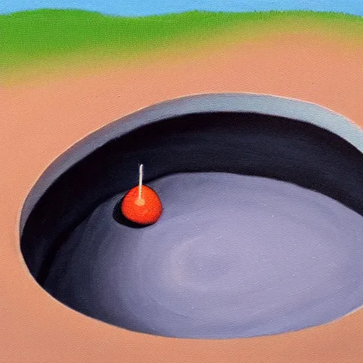 Image similar to painting of a single small seed sitting in a shallow hole in fresh earth. the painting is characterized by its use of light and shadow to create a sense of depth, its muted colors, and its focus on nature.