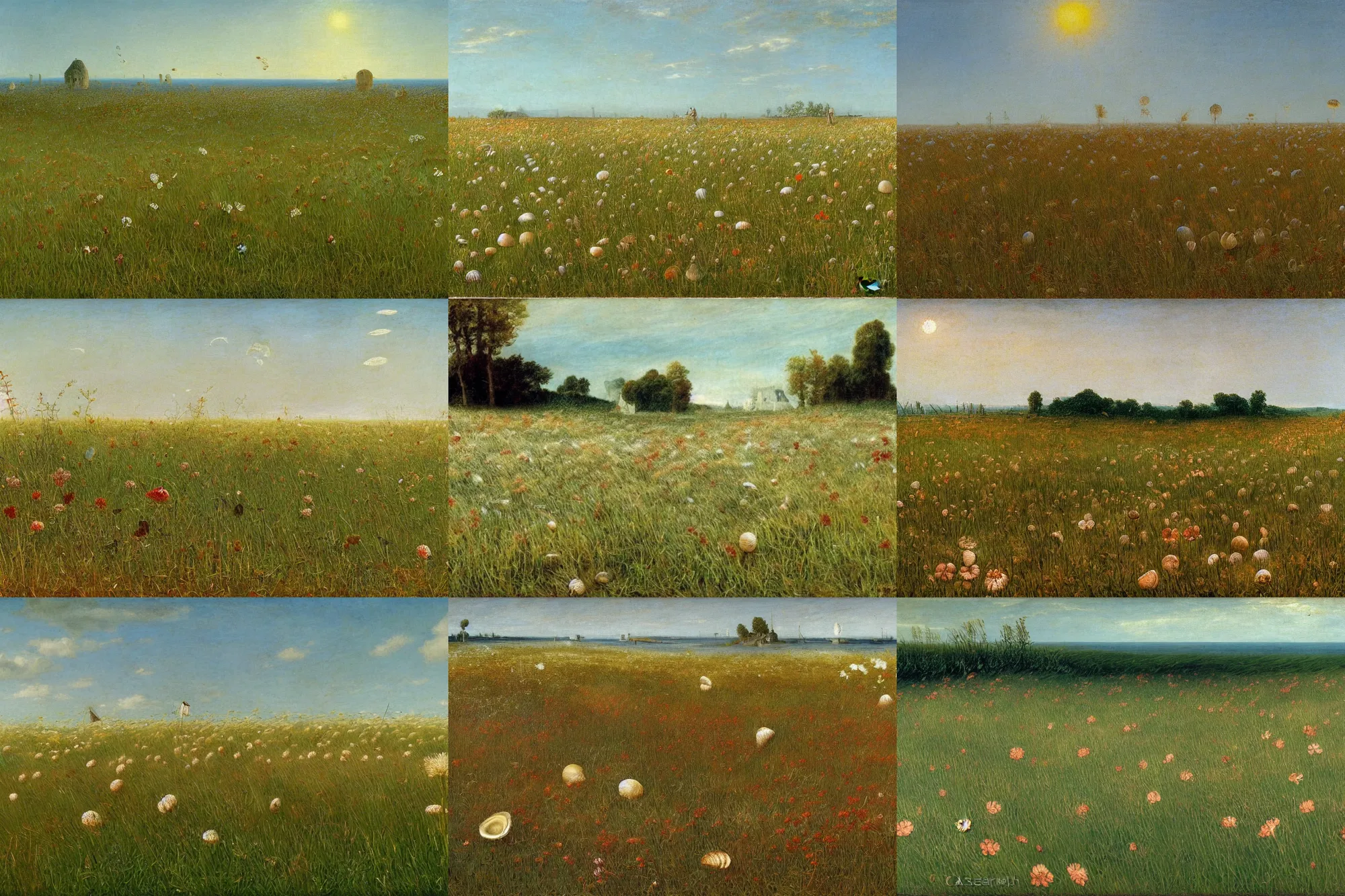 Prompt: seashells on summer field, flowers, by caspar david friedrich