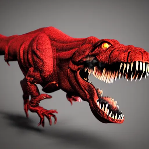 Prompt: Realistic, high quality photograph of a angry, demonic T-Rex standing close to camera in the style of devilcore, gorecore, 3D render, blender render, realistic skin, twilight, glows, detailed, studio quality, HD image,