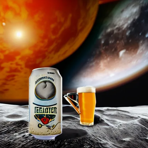 Prompt: a photo of a detailed, realistic, regular sized, sitting idle fender electric guitar next to a sitting idle beer can with an astronaut sitting on the moon surface. detailed photo. realistic photo. cinematic